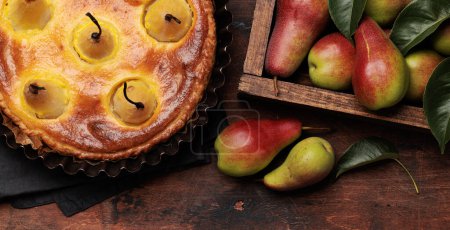 Photo for Homemade pear pie. Fruit tart with seasonal fruits. Flat lay - Royalty Free Image