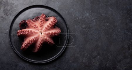 Photo for Tasty octopus on black background. Top view flat lay with copy space - Royalty Free Image