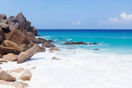 Photo for Seychelles beautiful tropical beach rocks and turquoise sea - Royalty Free Image