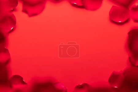 Foto de Plantilla de tarjeta de felicitación de San Valentín con pétalos de rosa sobre fondo rojo. Piso yacía con espacio para sus saludos de amor - Imagen libre de derechos