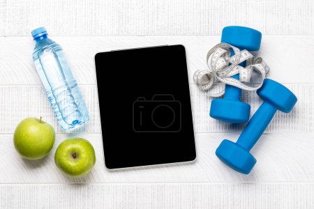 Photo for Fitness and healthy diet concept. Flat lay with tablet for your fitness plan or diet menu - Royalty Free Image
