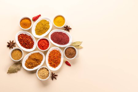 Photo for Various dried spices in small bowls with copy space - Royalty Free Image