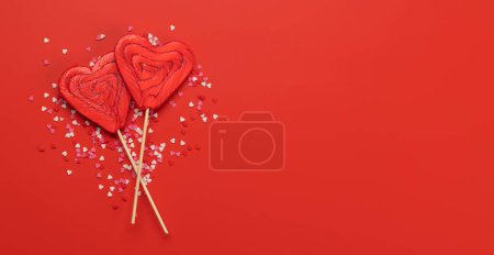 Photo for Candy sweets and copy space for your greetings. Valentines day candy hearts. Flat lay - Royalty Free Image