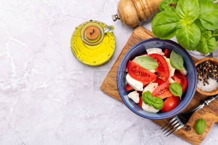 Téléchargez les photos : Salade caprese aux tomates mûres, fromage mozzarella et basilic de jardin. Pose plate avec espace de copie - en image libre de droit