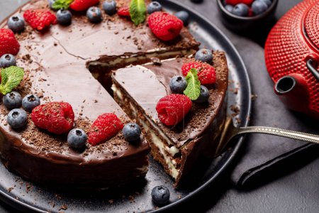 Photo for Chocolate cake dessert with fresh berries - Royalty Free Image