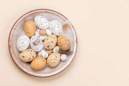 Foto de Huevos de pollo y codorniz en plato sobre un fondo beige con espacio para su texto. Puesta plana - Imagen libre de derechos