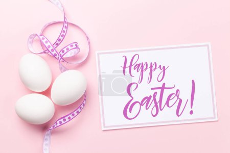 Photo for White chicken eggs on pink background. Easter greeting card. Top view. Flat lay - Royalty Free Image