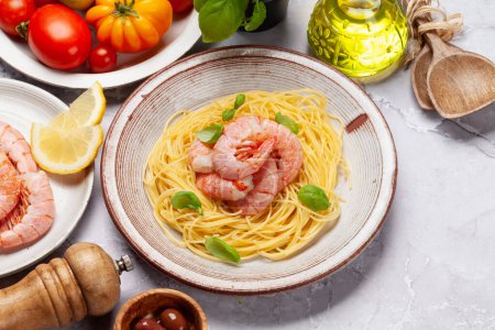 Photo for Pasta with shrimps. Italian cuisine - Royalty Free Image
