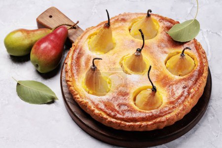 Photo for Homemade pear pie. Fruit tart with seasonal fruits - Royalty Free Image