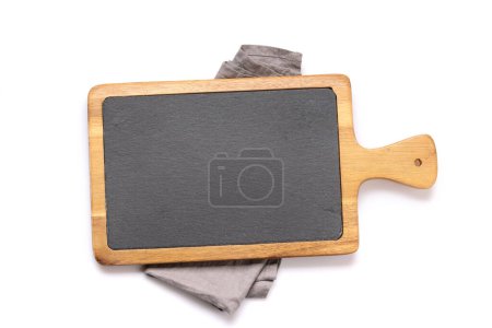 Photo for Wooden cutting board and kitchen towel. Isolated on white background. Flat lay with copy space - Royalty Free Image