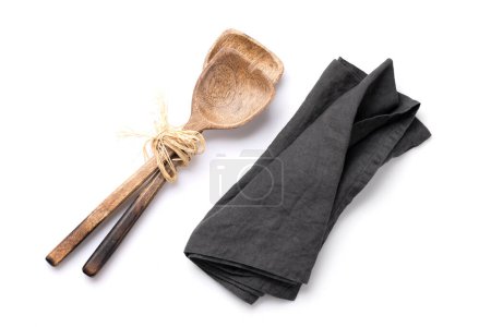 Photo for Wooden cooking utensils and kitchen towel. Isolated on white background. Flat lay with copy space - Royalty Free Image