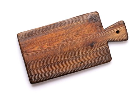 Téléchargez les photos : Wooden cutting board. Isolated on white background. Flat lay top view - en image libre de droit