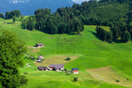 Photo for Panoramic view of countryside, green alpine meadows and the Alps mountains in Switzerland - Royalty Free Image
