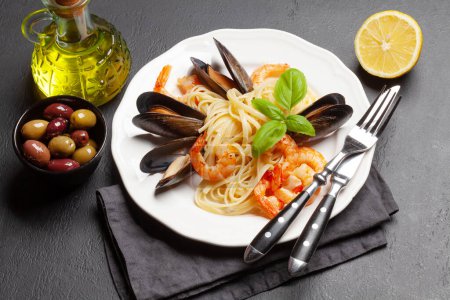 Photo for Seafood pasta with shrimps and mussels - Royalty Free Image