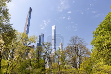 Téléchargez les photos : Central Park printemps arbres et gratte-ciel de New York - en image libre de droit