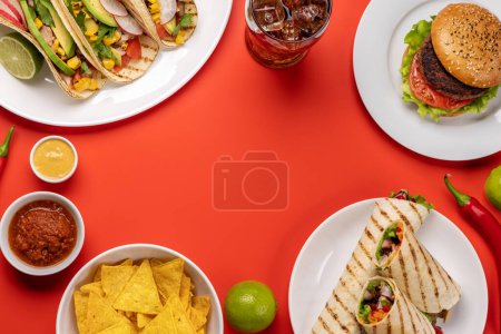 Photo for Mexican food featuring tacos, burritos, nachos, burgers and more. Flat lay with copy space - Royalty Free Image