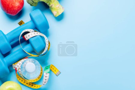 Photo for Fitness, training and healthy food, diet concept with copy space. Flat lay - Royalty Free Image