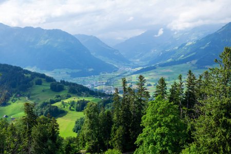 Téléchargez les photos : Vue panoramique sur la campagne, les vertes prairies alpines et les Alpes en Suisse - en image libre de droit