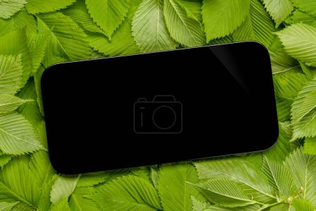 Foto de Smartphone con pantalla en blanco en una mesa rodeada de hojas verdes de la naturaleza, maqueta de diseño perfecto - Imagen libre de derechos