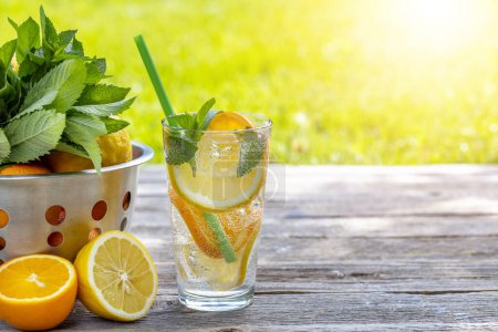 Photo for Refreshing homemade lemonade served on an outdoor garden table. Cold summer drink with fresh citrus fruit and garden mint - Royalty Free Image
