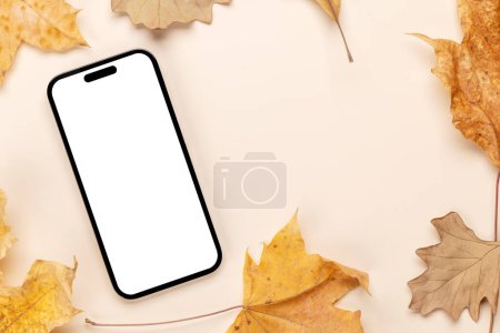 Foto de Smartphone con pantalla en blanco en una mesa rodeada de hojas naturales de otoño, maqueta de diseño perfecto - Imagen libre de derechos