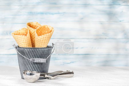 Photo for Ice cream waffle cones. With copy space - Royalty Free Image