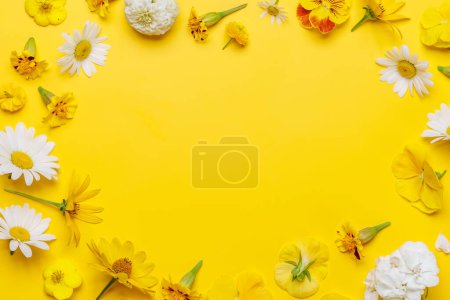 Téléchargez les photos : Fleurs assorties sur fond jaune, un affichage vibrant avec espace pour le texte. Pose plate - en image libre de droit