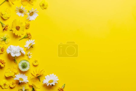 Photo for Assorted flowers on yellow backdrop, a vibrant display with space for text. Flat lay - Royalty Free Image