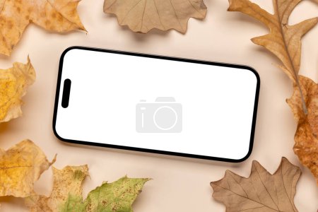 Téléchargez les photos : Smartphone avec écran blanc sur une table entourée de feuilles de nature d'automne, maquette design parfaite - en image libre de droit