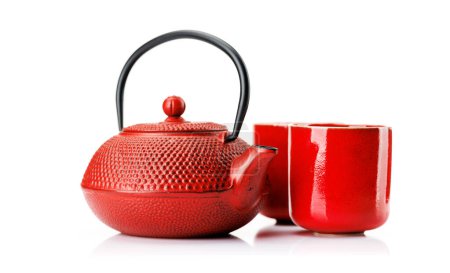 Photo for Iron teapot and cups. Isolated on white background - Royalty Free Image