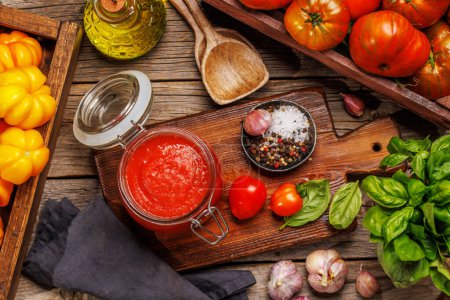 Téléchargez les photos : Riche sauce tomate maison et ingrédients. Pose plate - en image libre de droit