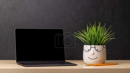 Photo for Laptop and potted plant. With space for your text or app. Learn and work concept - Royalty Free Image