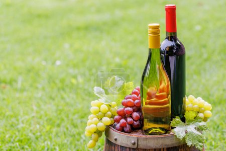 Foto de Botellas de vino y uva en barrica al aire libre con espacio para copias - Imagen libre de derechos
