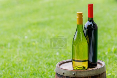 Foto de Botellas de vino en barrica de vino al aire libre con espacio de copia - Imagen libre de derechos