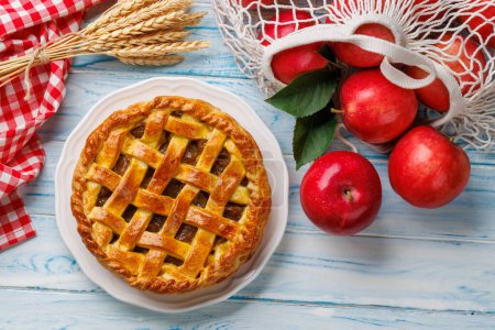 Photo for Delicious Apple Pie with Fresh Red Apples. Flat lay - Royalty Free Image
