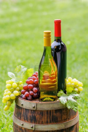 Photo for Wine bottles and grape on barrel outdoors with copy space - Royalty Free Image