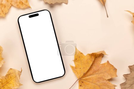 Photo for Smartphone with blank screen on a table surrounded by autumn nature leaves, perfect design mockup - Royalty Free Image