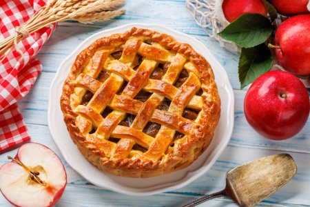 Photo for Delicious Apple Pie with Fresh Red Apples. Flat lay - Royalty Free Image