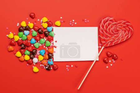 Photo for Candy sweets and blank greeting card for your greetings. Valentines day candy hearts. Flat lay - Royalty Free Image
