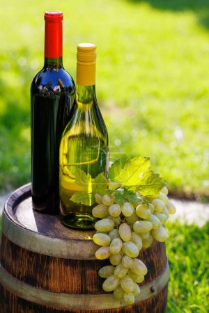 Foto de Botellas de vino y uva en barrica al aire libre con espacio para copias - Imagen libre de derechos