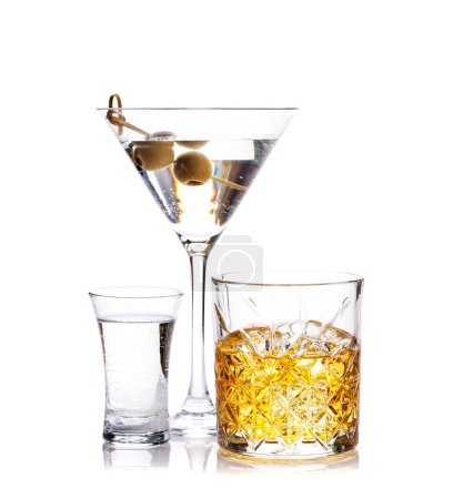 Whiskey, shot and cocktail drinks, elegant and enticing. Isolated on white background