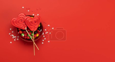 Photo for Candy sweets and copy space for your greetings. Valentines day candy hearts. Flat lay - Royalty Free Image