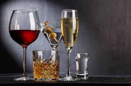 Photo for Whiskey, wine, champagne, cocktail drinks, elegant and enticing. With copy space - Royalty Free Image