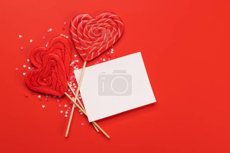 Photo for Candy sweets and greeting card for your greetings. Valentines day candy hearts. Flat lay - Royalty Free Image