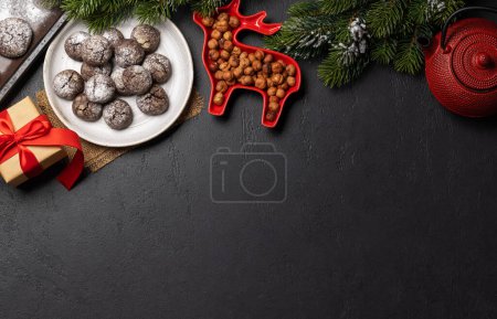 Photo for Christmas cookies and herbal tea arrangement. Flat lay with copy space - Royalty Free Image
