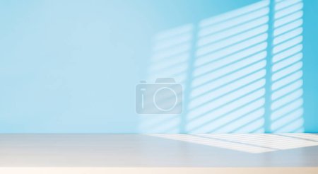 Photo for Wooden table and sunlit wall, product mockup background template - Royalty Free Image