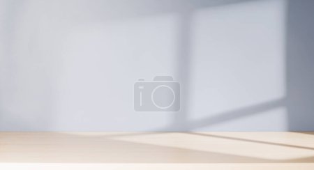 Téléchargez les photos : Table en bois et mur ensoleillé, modèle de fond de maquette de produit - en image libre de droit
