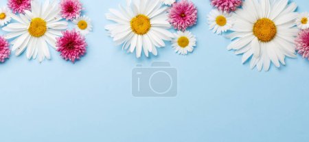 Téléchargez les photos : Des fleurs de jardin assorties fleurissent sur fond bleu avec de l'espace pour le texte. Pose plate - en image libre de droit