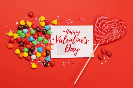 Photo for Candy sweets and greeting card for your greetings. Valentines day candy hearts. Flat lay - Royalty Free Image