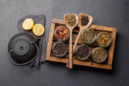 Photo for Tea time assortment: Various dry tea leaves. Flat lay - Royalty Free Image
